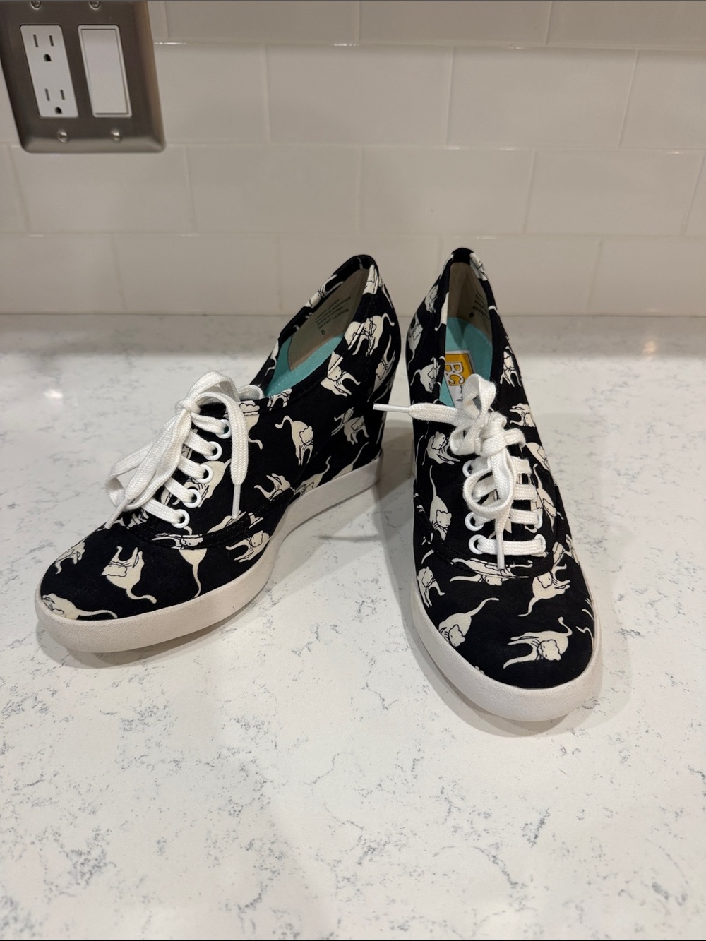BC Footwear Black Canvas Wedge Sneakers with White Cat Print